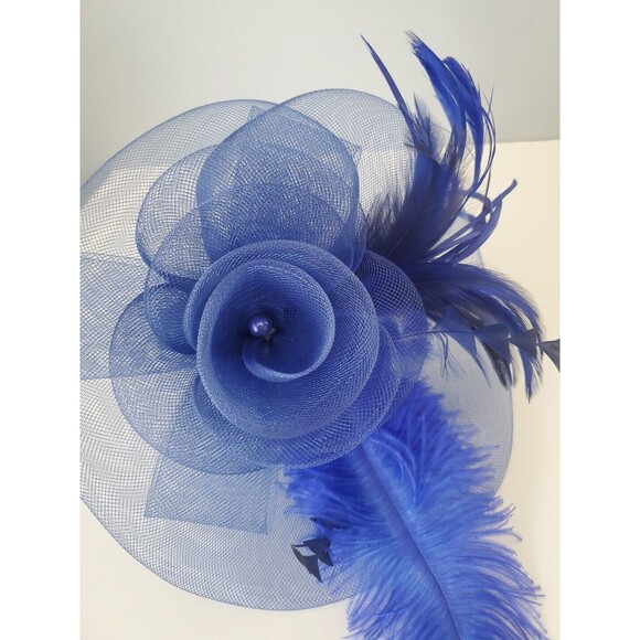 Blue Fascinator Floral Feather Mesh Headband Church Cocktail Wedding Derby Hat - Picture 2 of 10